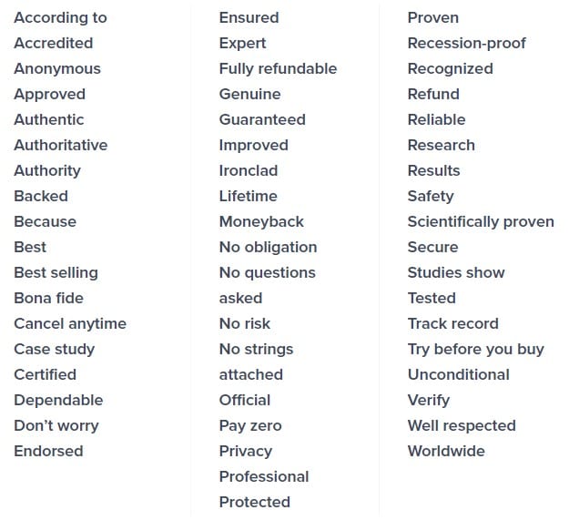 Examples Of Trust Power Words For Ad Copy
