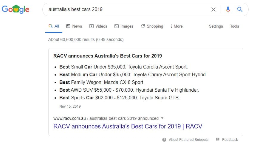 Google search feature - bullet point snippet