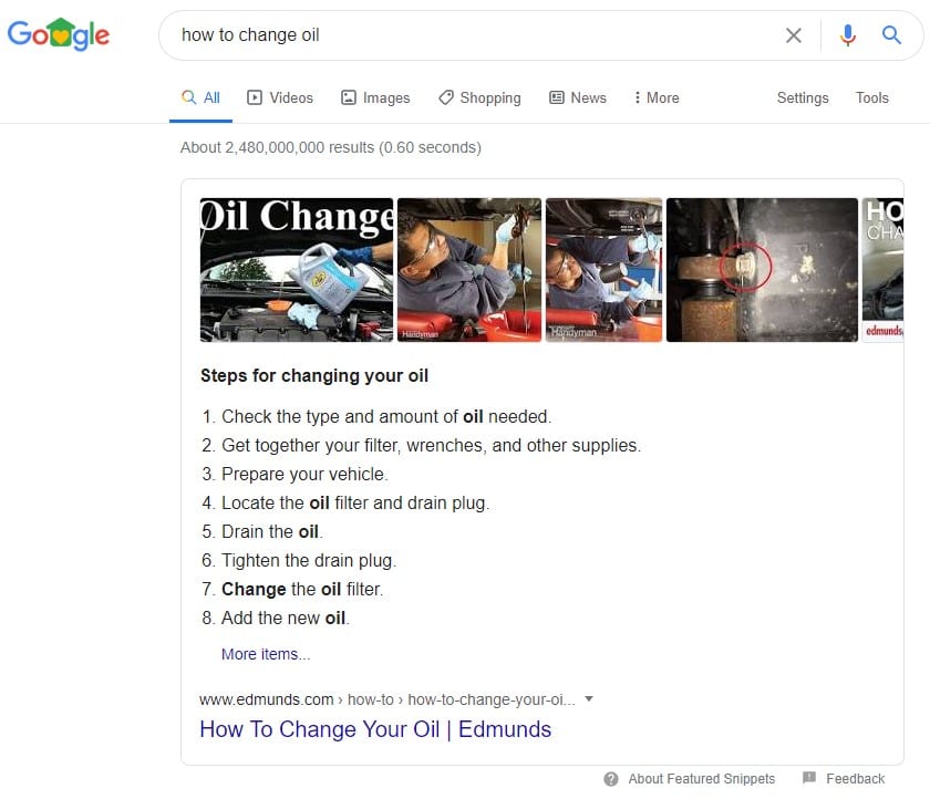 Google search feature list snippet