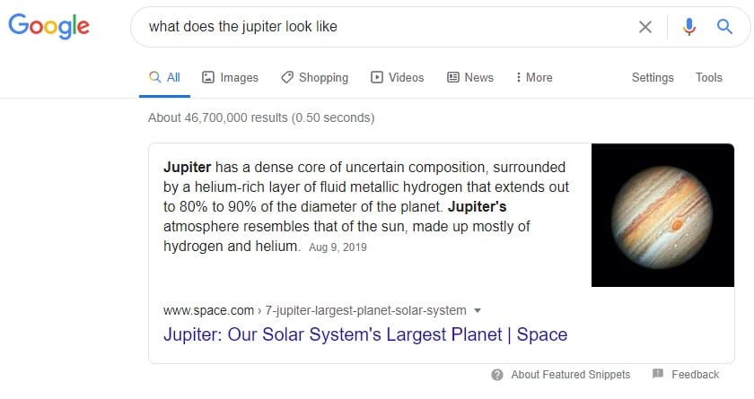 Google search feature image in featured snippet