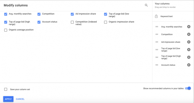 columns for keyword planner