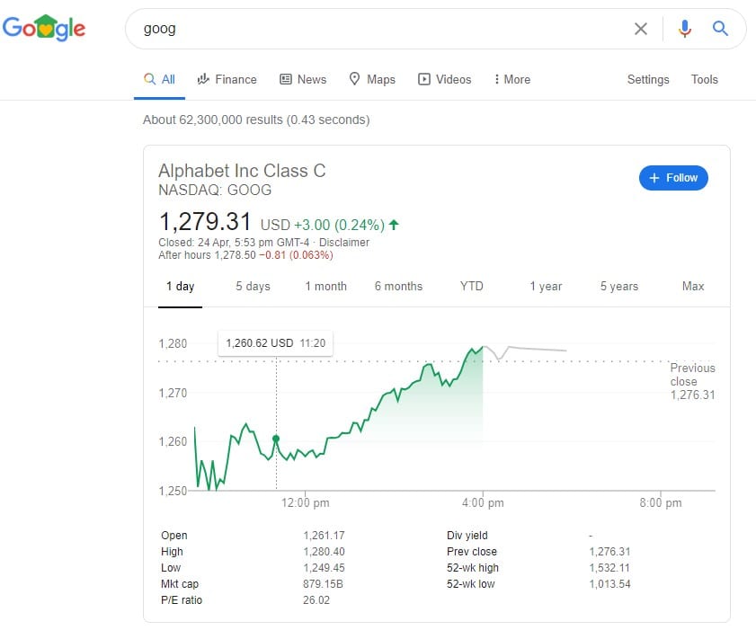 Google Search Feature Stock Prices