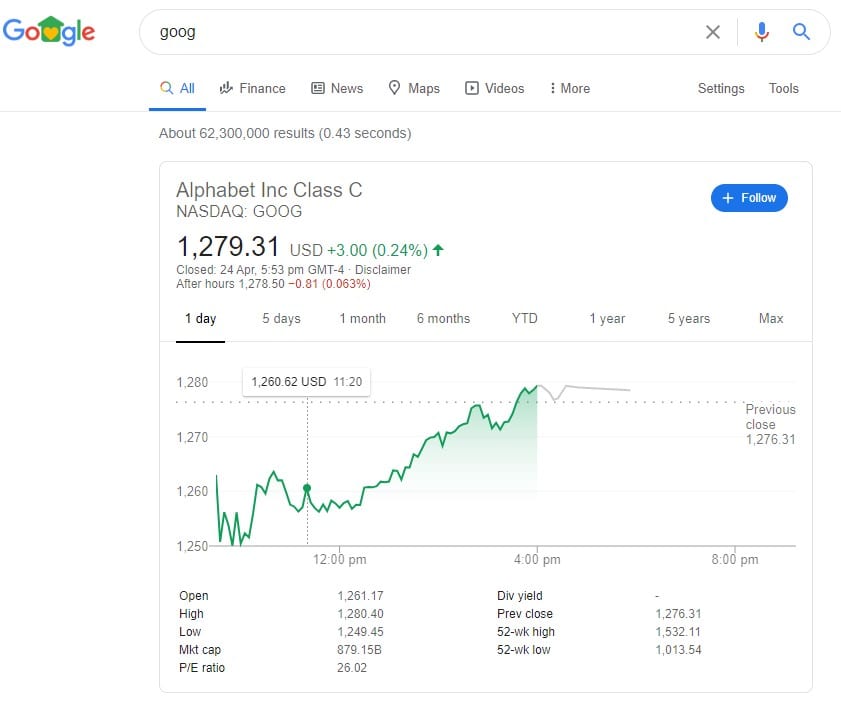 Google Search Feature stock prices