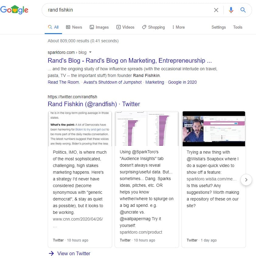 Google search feature - twitter result